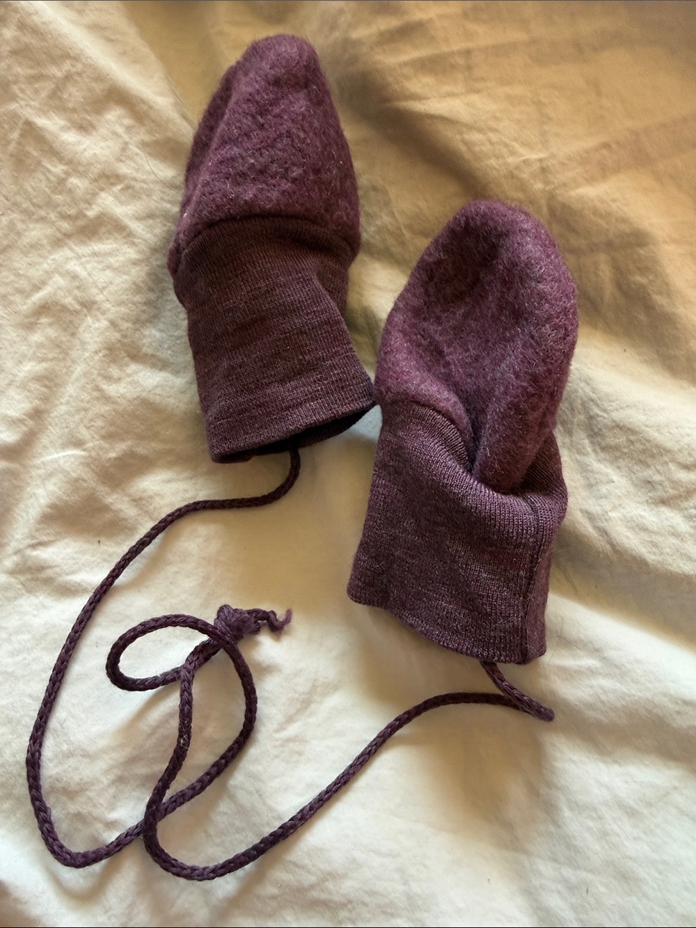 Wool Purple Baby Mittens with String